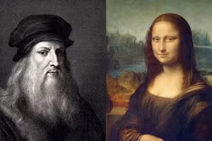 Bên trái: Chân dung Leonardo Da Vinci được James R. Osgood and Company khắc và xuất bản năm 1877; Bên phải: Bức tranh Mona Lisa.
