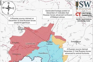 Bản đồ chiến sự Ukraine ngày 22/12, khu vực biên giới Kursk. (Ảnh: ISW)