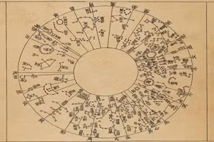 Bản đồ sao cổ Trung Quốc. Bản đồ mô tả bầu trời phương Nam, với bố cục tròn, các chòm sao được phân vùng rõ rệt và thể hiện bằng các ký hiệu ngôi sao cùng chú thích chữ Hán cổ.