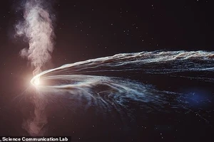 Một bản minh họa nghệ thuật về sự kiện gián đoạn thủy triều (tidal disruption event), hay việc hố đen xé nát một ngôi sao trong quá trình được gọi là “spaghettification” (kéo dài như sợi mì).