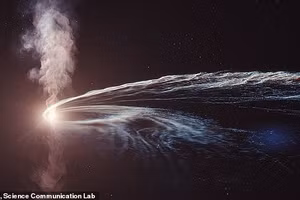 Một bản minh họa nghệ thuật về sự kiện gián đoạn thủy triều (tidal disruption event), hay việc hố đen xé nát một ngôi sao trong quá trình được gọi là “spaghettification” (kéo dài như sợi mì).