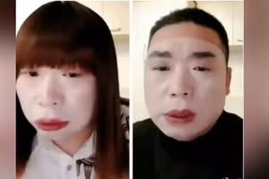 Người đàn ông mặc đồ phụ nữ, họ Jiao, đã bị bắt giữ vì nghi ngờ phát tán tài liệu khiêu dâm. Ảnh: Sina Weibo