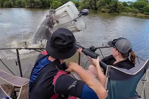 Khoảnh khắc hà mã lật thuyền, hất người xuống nước