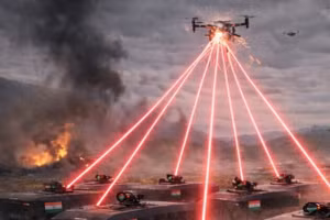 Cận cảnh súng bắn tỉa laser tích hợp AI trong hoạt động theo đội hình bầy đàn, đang vô hiệu hóa một drone. Ảnh: olee.space.