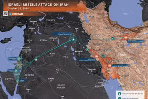 Hướng tấn công quân đội Israel thực hiện nhằm vào các mục tiêu trên lãnh thổ Iran ngày 26/10/20024. (Ảnh: Rybar)