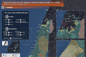 Bản đồ xung đột Israel-Hamas ngày 3/10. (Ảnh: Rybar)