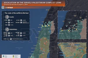 Bản đồ xung đột Israel - Hamas ngày 7/8. (Ảnh: Rybar)