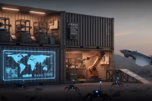 Hình minh họa về Đơn vị Container Chế tạo Nhanh được triển khai, cho thấy máy in 3D công nghiệp, máy lắp ráp robot và máy bay cất cánh lúc chạng vạng. Ảnh: DBZ