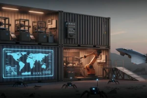 Hình minh họa về Đơn vị Container Chế tạo Nhanh được triển khai, cho thấy máy in 3D công nghiệp, máy lắp ráp robot và máy bay cất cánh lúc chạng vạng. Ảnh: DBZ