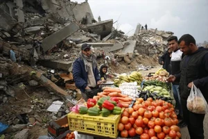 Một nhóm người Palestine dựng một khu chợ nhỏ giữa đống đổ nát của những tòa nhà bị phá hủy tại trại tị nạn Jabalia ở Gaza. Ảnh: Mahmoud İssa/Anadolu.