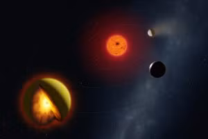 Chúng ta có thể quan sát hành tinh nóng chảy (phía trước bên trái) đang quay quanh một ngôi sao đỏ cách Trái Đất khoảng 35 năm ánh sáng.