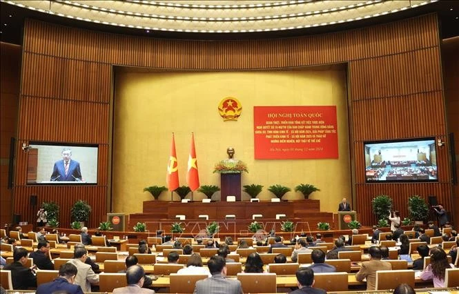 Tổng Bí thư Tô Lâm phát biểu chỉ đạo Hội nghị toàn quốc quán triệt, triển khai tổng kết việc thực hiện Nghị quyết số 18-NQ/TW. Ảnh: Thống Nhất/TTXVN