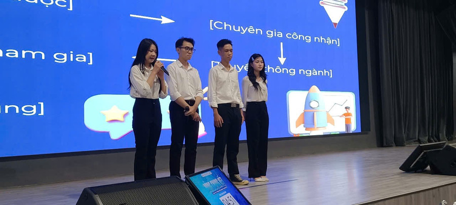 Sinh viên đội SELF trả lời câu hỏi của ban giám khảo về dự án “SELF – Ứng dụng giáo dục dành cho trẻ tự kỷ”. 825729776da6d9f880b7.jpg