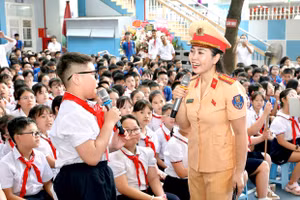 Học sinh Trường Tiểu học & THCS Chương Dương được tuyên truyền về An toàn giao thông. 