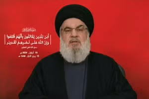 Thủ lĩnh Hezbollah Hassan Nasrallah phát biểu trên truyền hình Lebanon hôm 19 tháng 9.