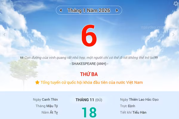 Lịch âm 6/1 - Xem lịch âm ngày 6/1/2026