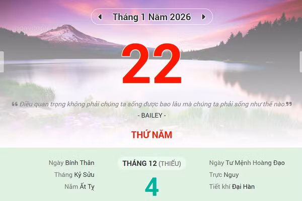 Lịch âm 22/1 - Xem lịch âm ngày 22/1/2026