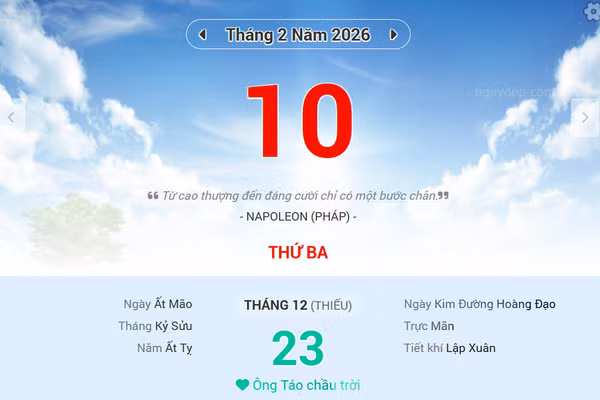 Lịch âm 10/2 - Xem lịch âm ngày 10/2/2026