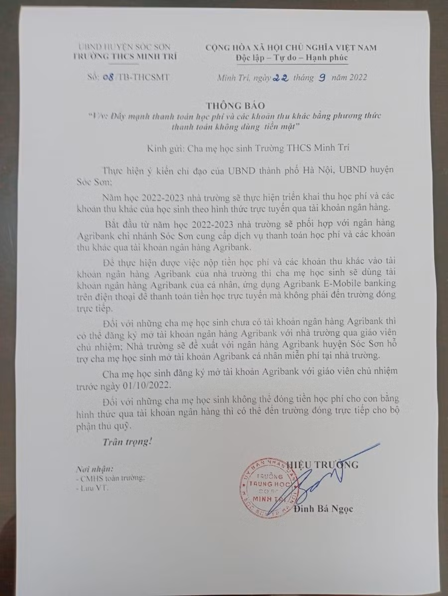 Văn bản mở tài khoản tại Ngân hàng Agribank trước ngày 1/10 để đóng học phí của Trường THCS Minh Trí. Văn bản mở tài khoản tại Ngân hàng Agribank trước ngày 1/10 để đóng học phí của Trường THCS Minh Trí.