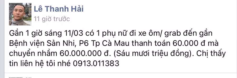 Tài khoản anh Lê Thanh Hải đăng thông tin tìm người chuyển tiền nhầm.