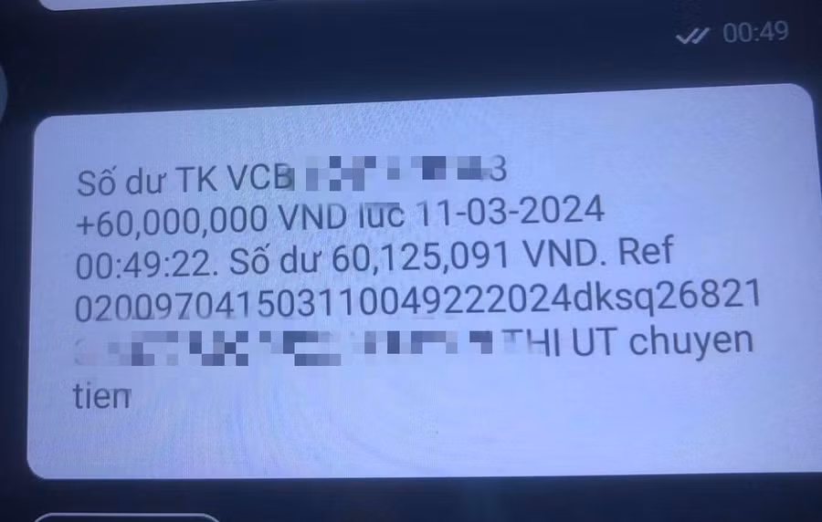 Số tiền 60 triệu đồng được cộng vào tài khoản của tài xế Grab.
