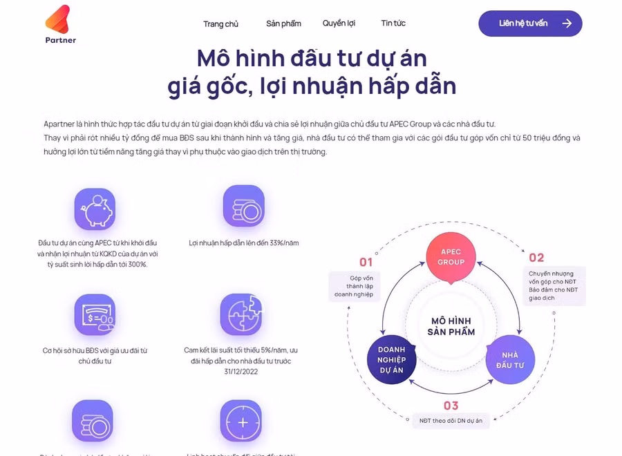 Gói Apartner được Apec Finance tung ra với tỷ suất sinh lời 300%, hình thức hợp tác đầu tư vào các dự án của Apec Group.