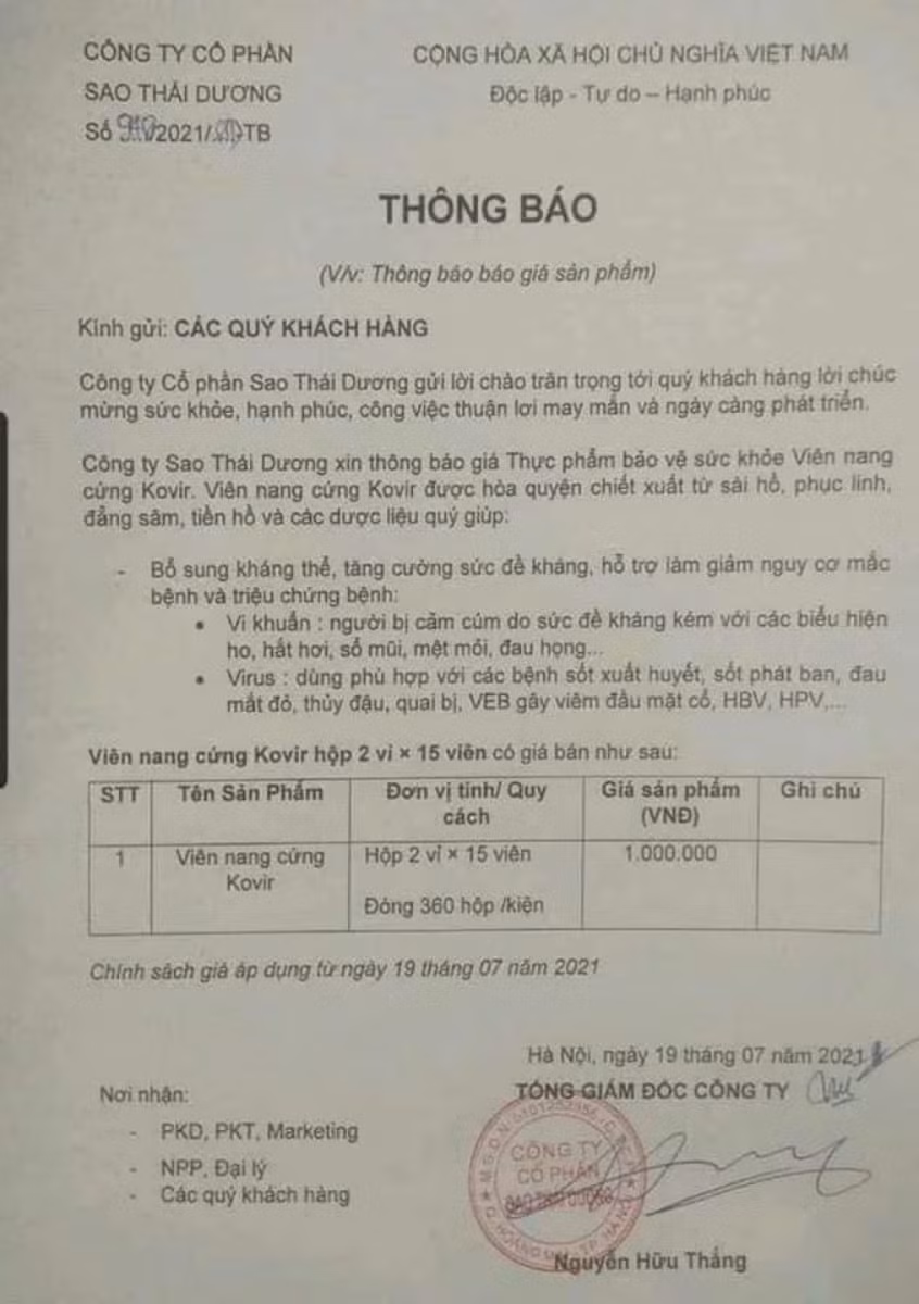 Thông báo giá bán sản phẩm Kovir của Sao Thái Dương