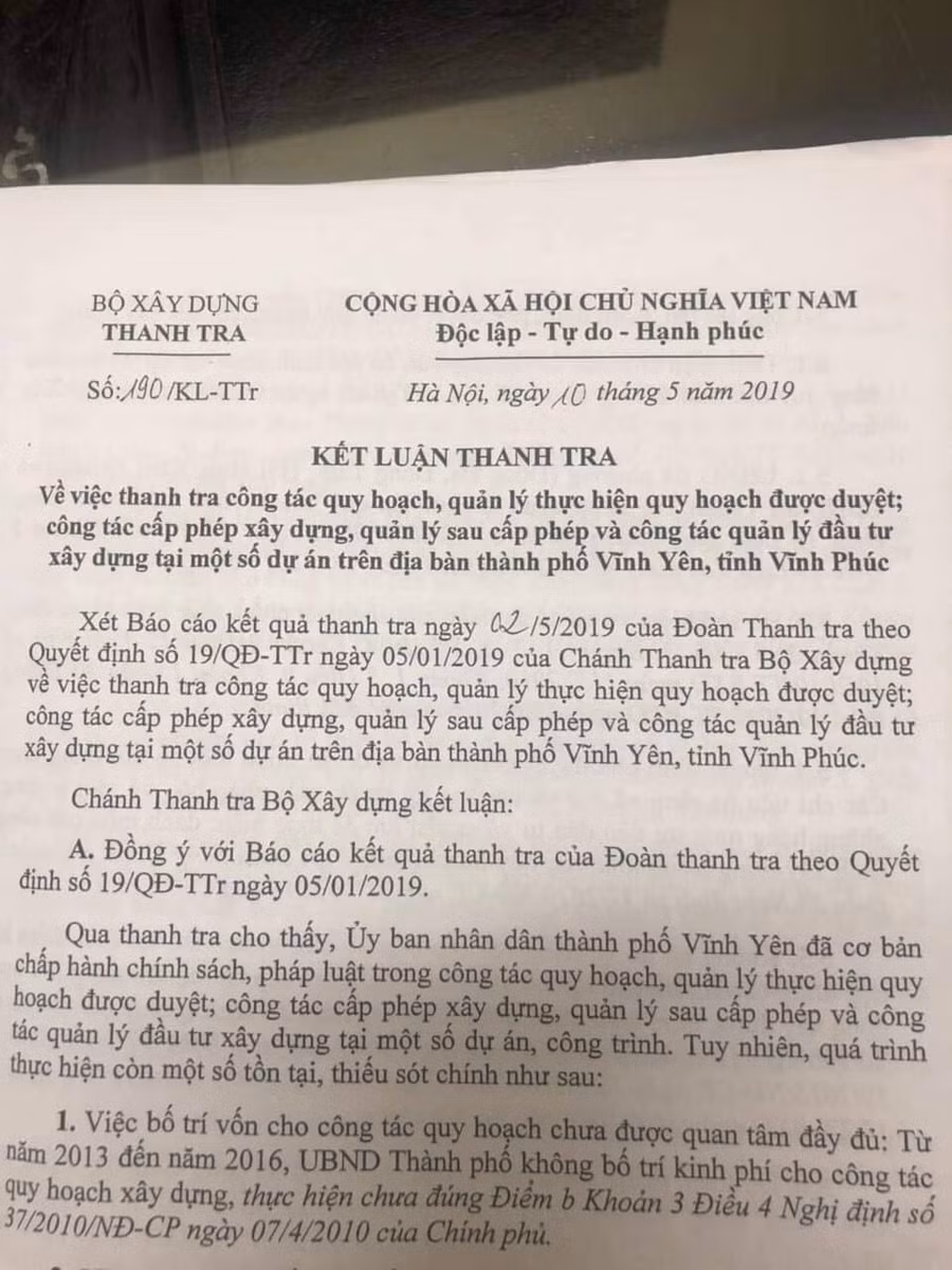 Hé lộ nội dung kết luận thanh tra của Thanh tra Bộ Xây dựng tại Vĩnh Yên, Vĩnh Phúc.