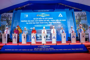 Các đại biểu bấm nút khởi công xây dựng Trường ĐH xây dựng Hà Nội-Phân hiệu Hà Nam tại Khu Đại học Nam Cao.
