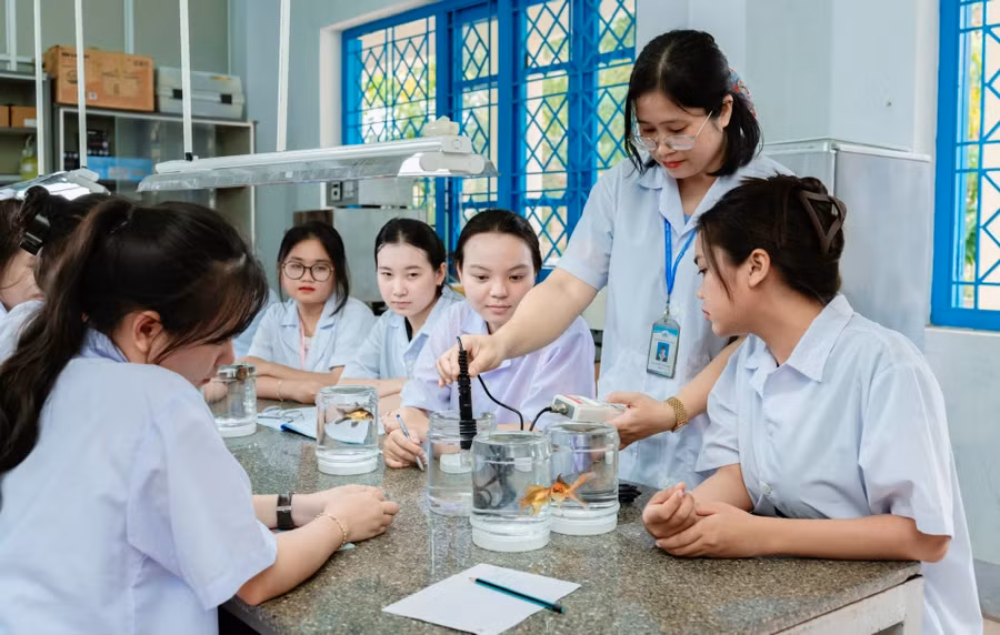 Giảng viên Trường Đại học Nha Trang (Khánh Hòa) hướng dẫn sinh viên thực hành. Ảnh: ITN