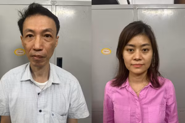 Đỗ Viễn Phương và Nguyễn Thị Biển tại Cơ quan Công an. Ảnh: Công an tỉnh Hưng Yên