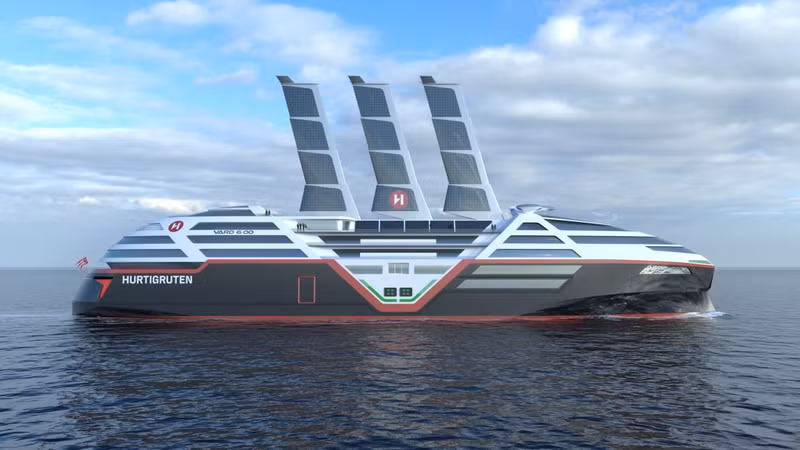 Công ty du lịch Hurtigruten Na Uy đã tiết lộ thiết kế cho một con tàu không phát thải dựa vào năng lượng gió và mặt trời. Cánh buồm của tàu bao phủ pin để thu năng lượng mặt trời. Chùm ảnh cách mạng hóa ngành vận tải biển nhờ gió và mặt trời