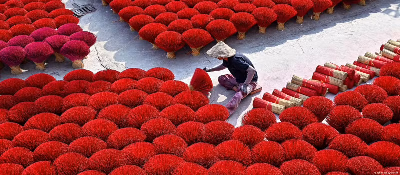 Mỗi sáng, hàng chục ngàn que hương được mang ra phơi nắng. Gia đình cô Đặng Thị Hoa thường nhuộm hương màu đỏ tươi hoặc hồng khi Tết sắp đến. Hình ảnh làng hương Việt Nam trên báo nước ngoài