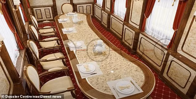 Theo báo cáo của Trung tâm Dossier, con tàu có 22 toa, được chia thành nhiều khu vực: phòng ăn, thẩm mỹ viện, khu thể thao và giải trí. Chùm ảnh bên trong tàu bọc thép của Tổng thống Putin