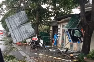 Biển hiệu, mái che bị gió bão quật ngã, ngổn ngang ở phường Thành Sen.