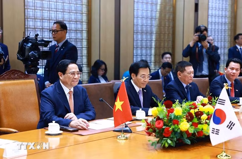 Thủ tướng Phạm Minh Chính phát biểu tại cuộc hội kiến Chủ tịch Quốc hội Hàn Quốc Woo Won-shik. (Ảnh: Dương Giang/TTXVN) thu-tuong-pham-minh-chinh-hoi-kien-chu-tich-quoc-hoi-han-quoc-06.jpg
