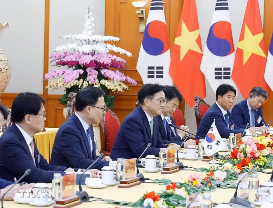 Chủ tịch Quốc hội Đại Hàn Dân Quốc Woo Won Shik tại buổi tiếp. (Ảnh: Thống Nhất/TTXVN)