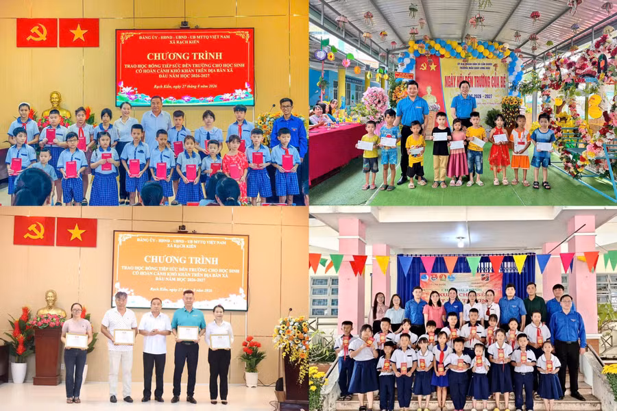 Đại diện Agribank Chi nhánh Đông Long An trao tài trợ giáo dục và học bổng cho học sinh tại địa phương.