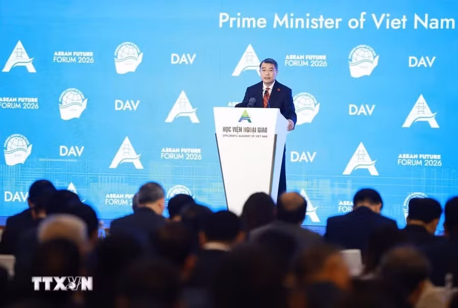 Thủ tướng Lê Minh Hưng phát biểu tại Phiên khai mạc Diễn đàn Tương lai ASEAN lần thứ ba. (Ảnh: Dương Giang/TTXVN)
