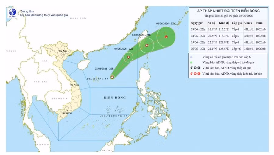 Vùng áp thấp trên khu vực phía Đông Biển Đông đã mạnh lên thành áp thấp nhiệt đới.