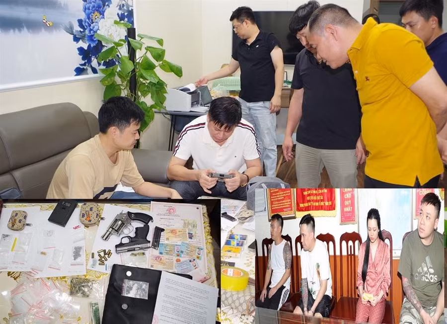 Cơ quan công an khám xét nơi ở của các đối tượng và tang vật vụ án.