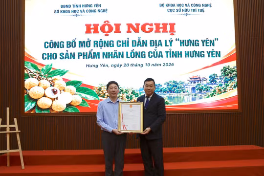 Ông Trần Lê Hồng, Phó Cục trưởng Cục Sở hữu trí tuệ trao Giấy chứng nhận đăng ký sửa đổi chỉ dẫn địa lý “Hưng Yên” cho sản phẩm nhãn lồng. Ảnh: Đinh Chiến