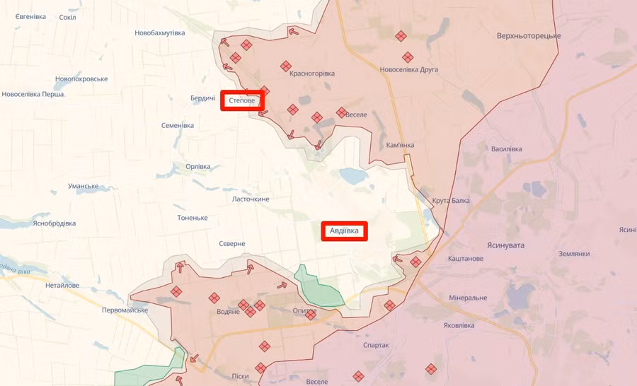 Stepove và Avdiivka trên bản đồ chiến sự không chính thức tính đến giữa tháng 1 năm 2024.