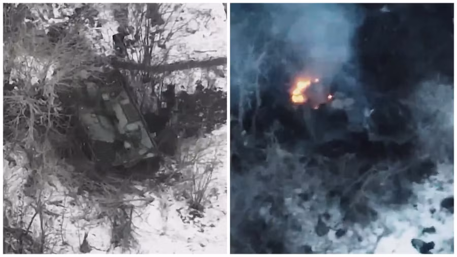 Pháo tự hành 2S1 Gvozdika của Nga đã bị FPV Ukraine phá hủy.