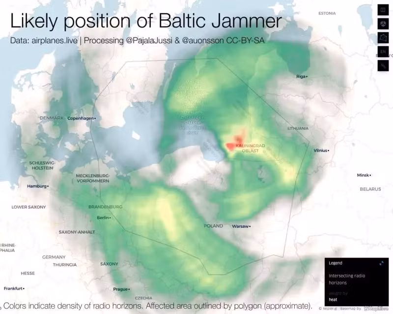 Bản đồ gây nhiễu tín hiệu được ghi nhận ở khu vực Baltic.