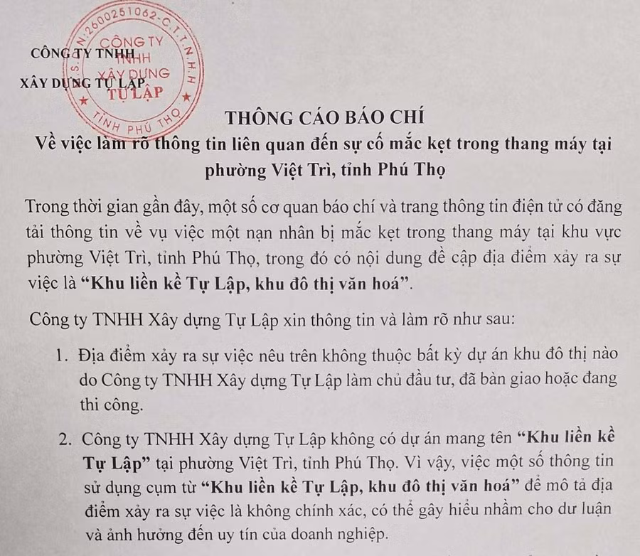 Một phần thông cáo báo chí của Công ty TNHH Xây dựng Tự Lập.
