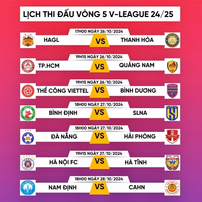 Lịch thi đấu vòng 5 V-League 2024/25.
