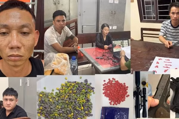 Các đối tượng và tang vật trong chuyên án ma túy quy mô lớn do Công an tỉnh Ninh Bình triệt phá. Ảnh: Công an cung cấp.