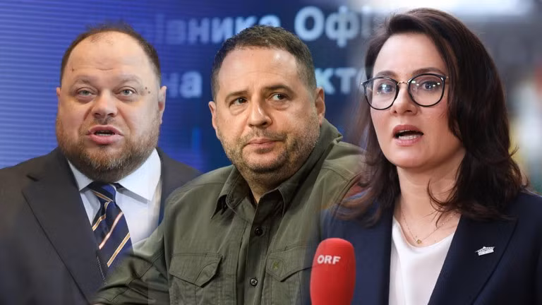 Chủ tịch quốc hội Ukraine Ruslan Stefanchuk (trái), Thủ tướng Yulia Sviridenko (phải), và chánh văn phòng tổng thống Ukraine, Andrey Yermak.