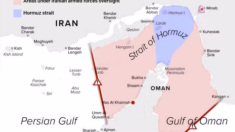 Tấm bản đồ phân định khu vực Iran giám sát ở eo biển Hormuz.